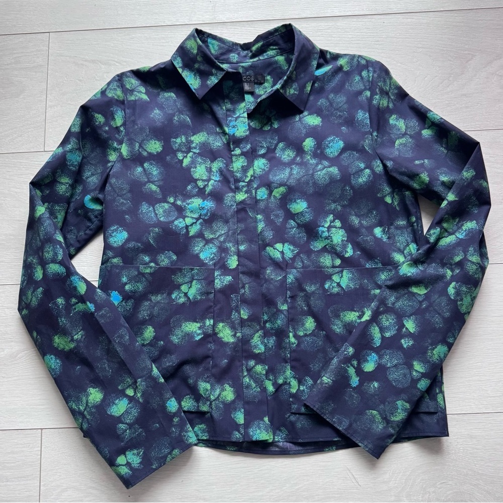 COS Blue and Green Abstract Graphic Collared Blouse 100% Cotton